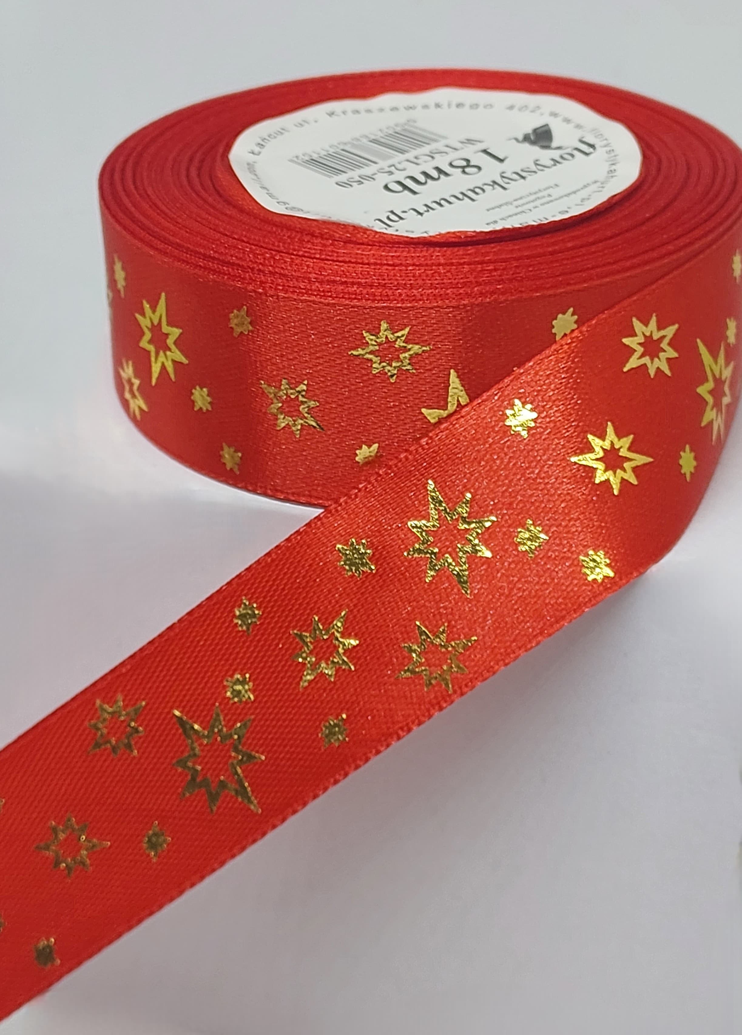 Wstążka metal GWIAZDKI, 25mm/18mb, czerwona/złoto