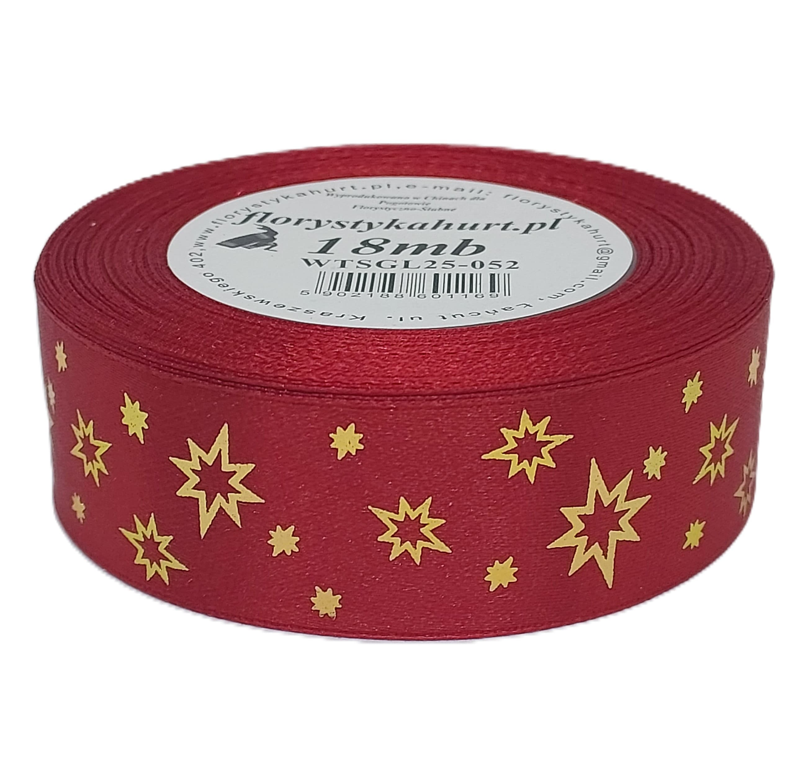 Wstążka metal GWIAZDKI, 25mm/18mb, c.czerwon/złoto