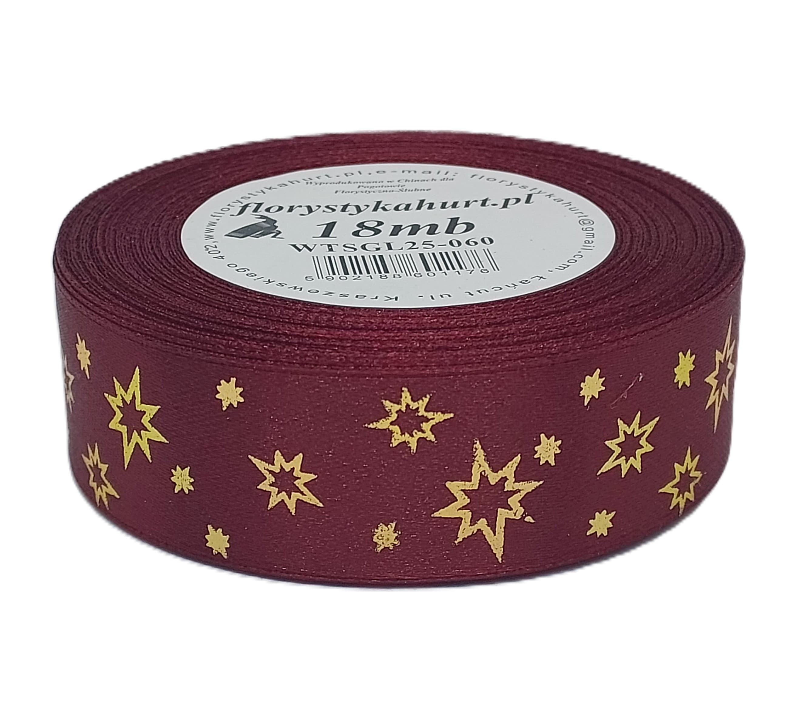 Wstążka metal GWIAZDKI, 25mm/18mb, bordo/złoto