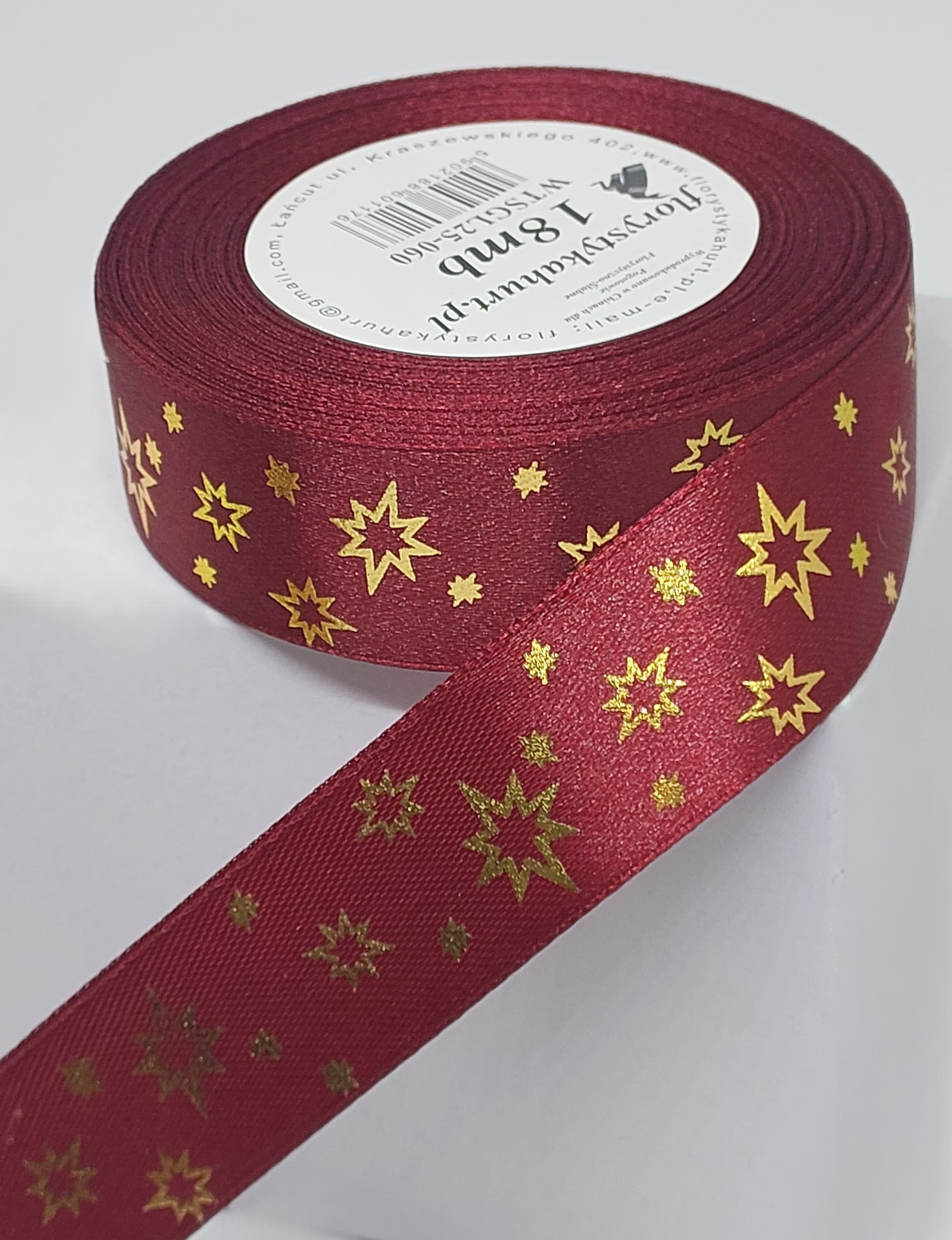 Wstążka metal GWIAZDKI, 25mm/18mb, bordo/złoto
