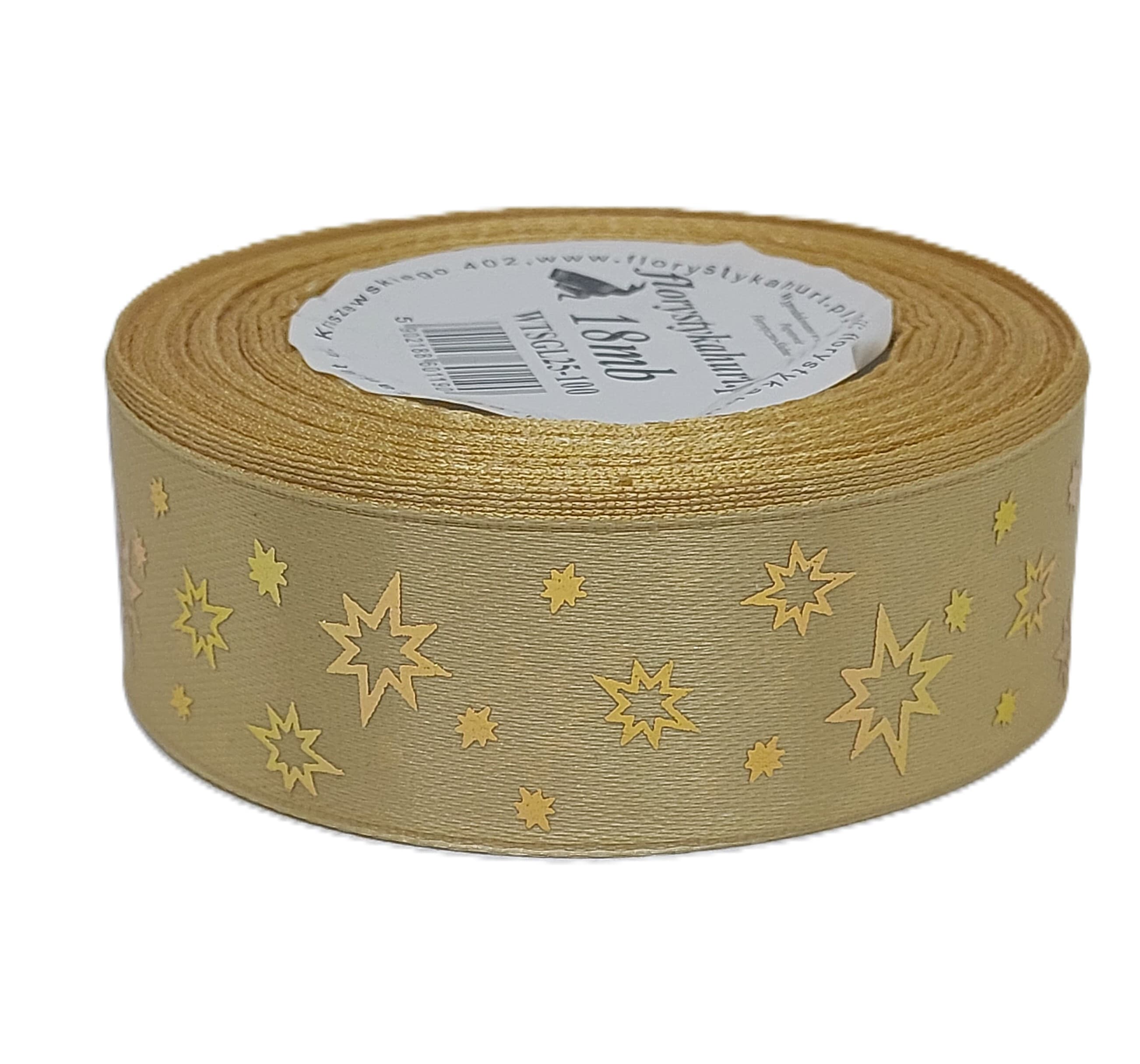 Wstążka metal GWIAZDKI, 25mm/18mb, złoto/złoto