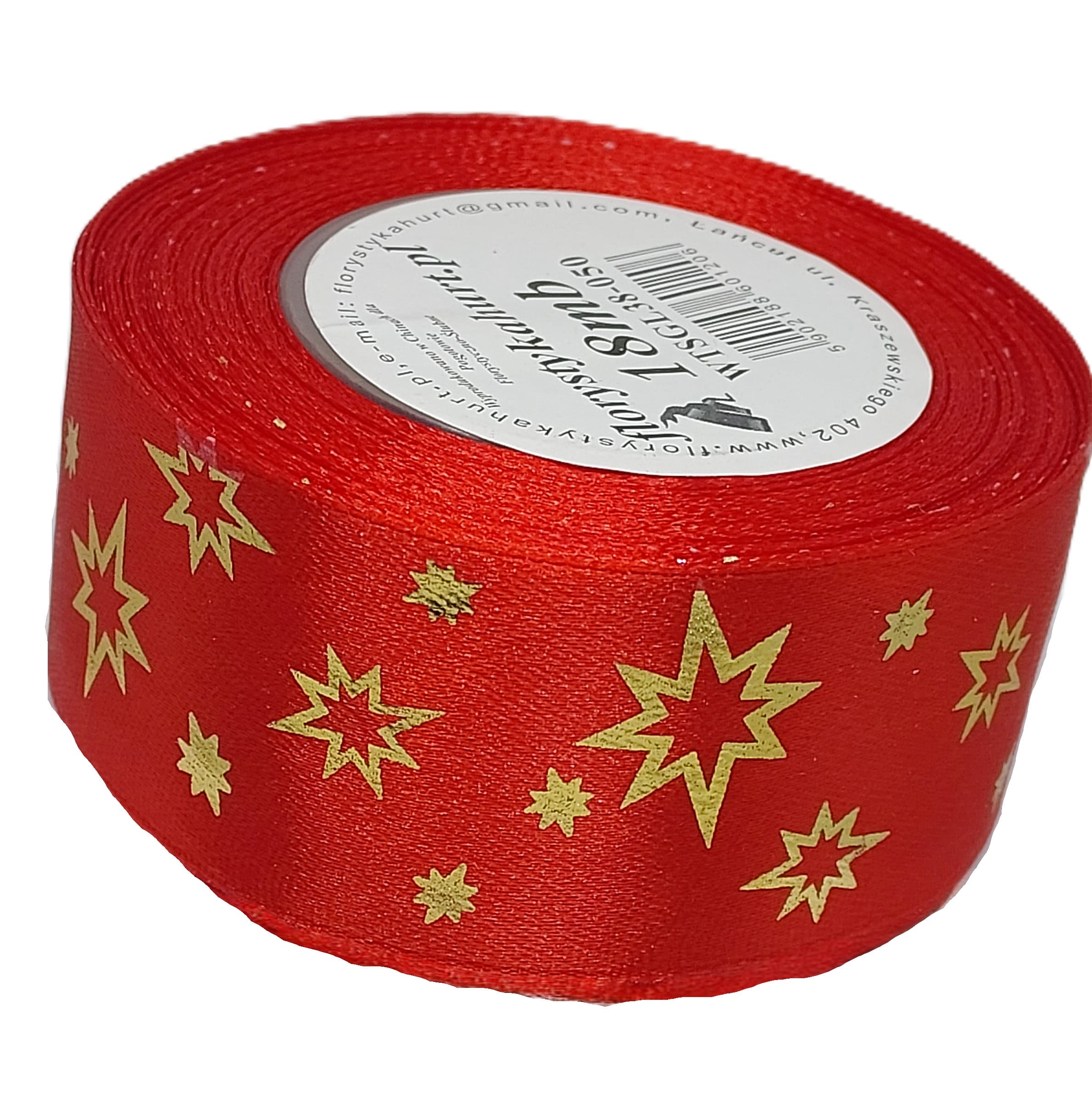 Wstążka metal GWIAZDKI, 38mm/18mb, czerwona/złoto