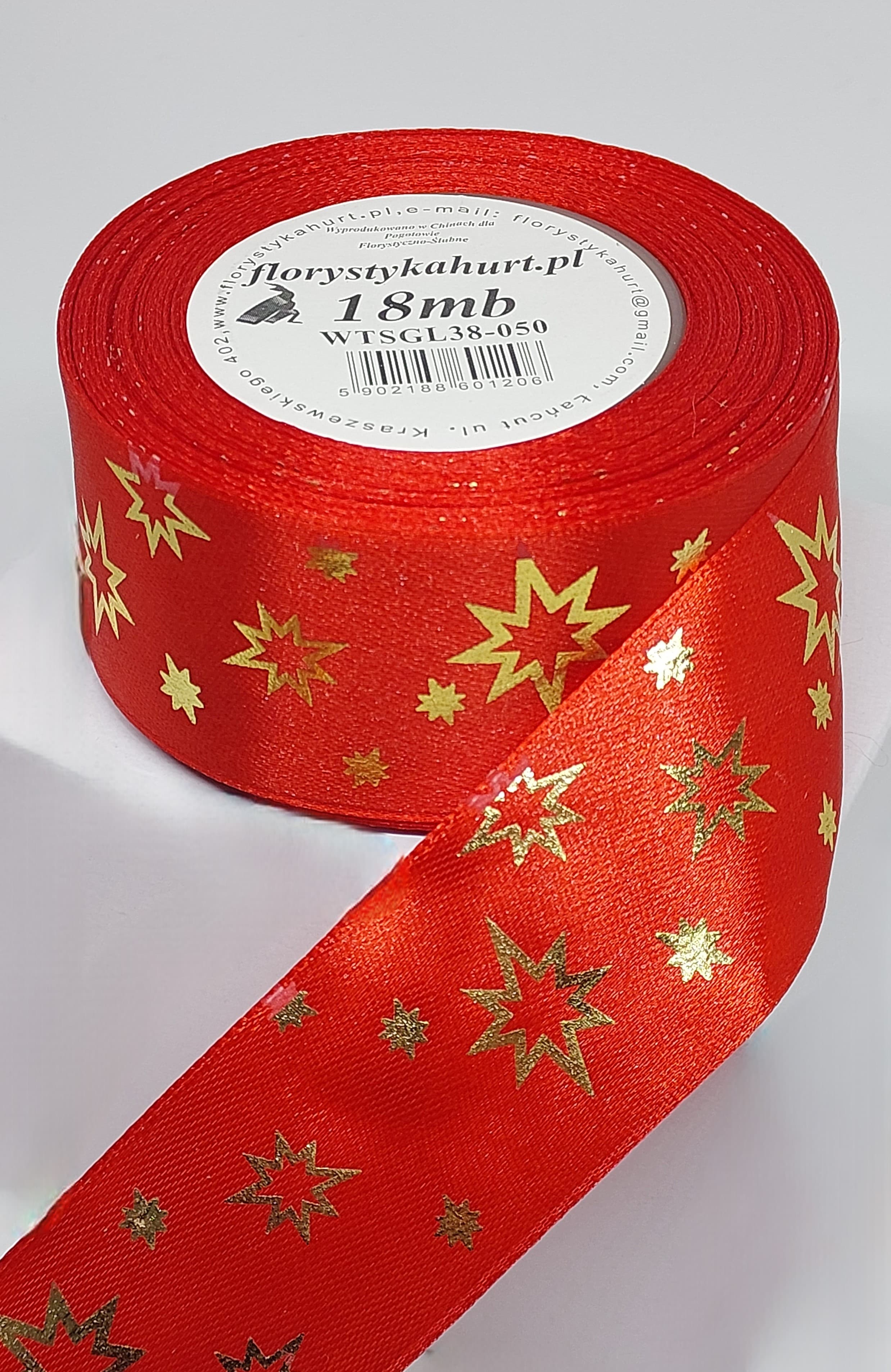 Wstążka metal GWIAZDKI, 38mm/18mb, czerwona/złoto