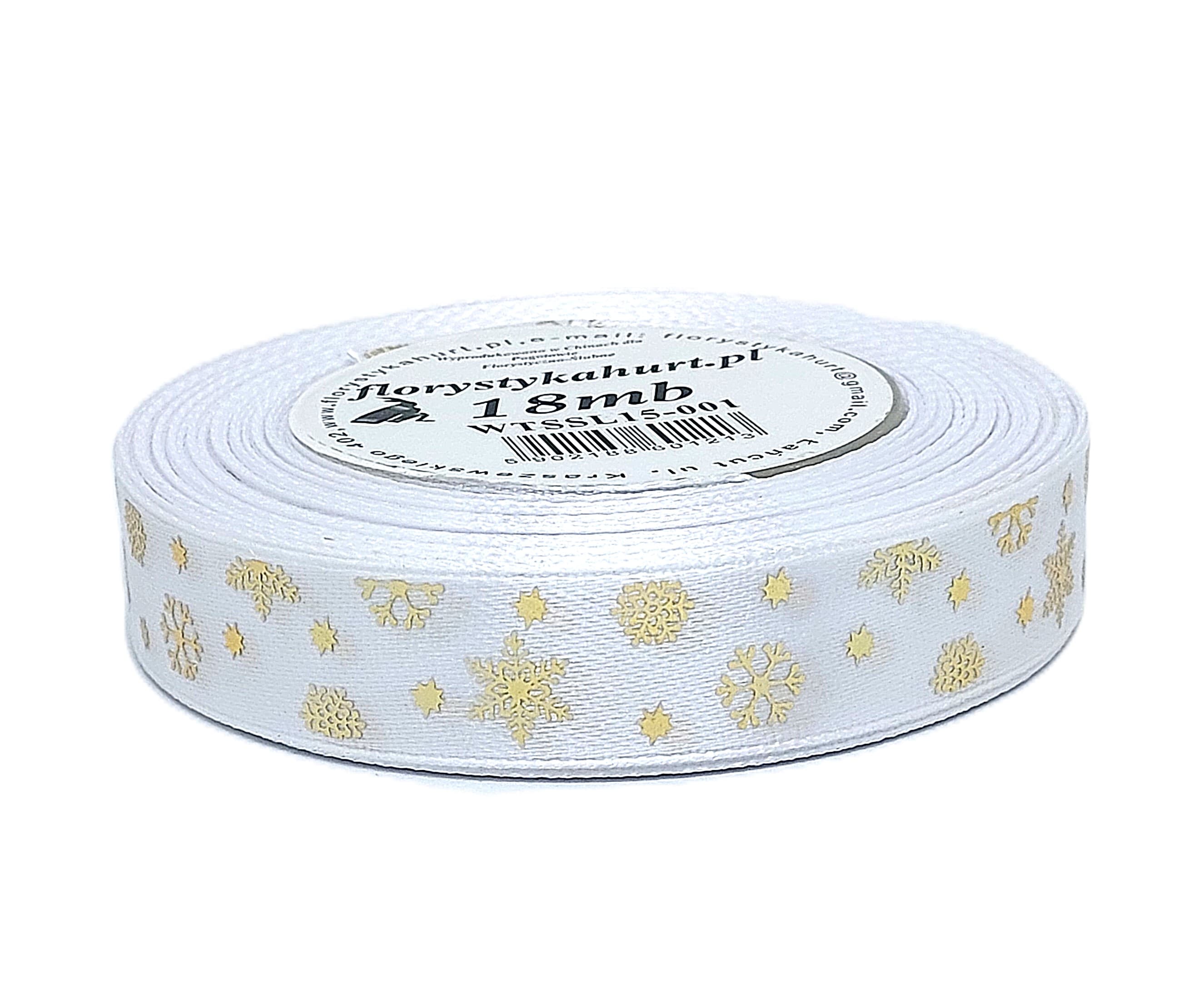 Wstążka metal ŚNIEŻYNKI, 15mm/18mb, biała/złoto