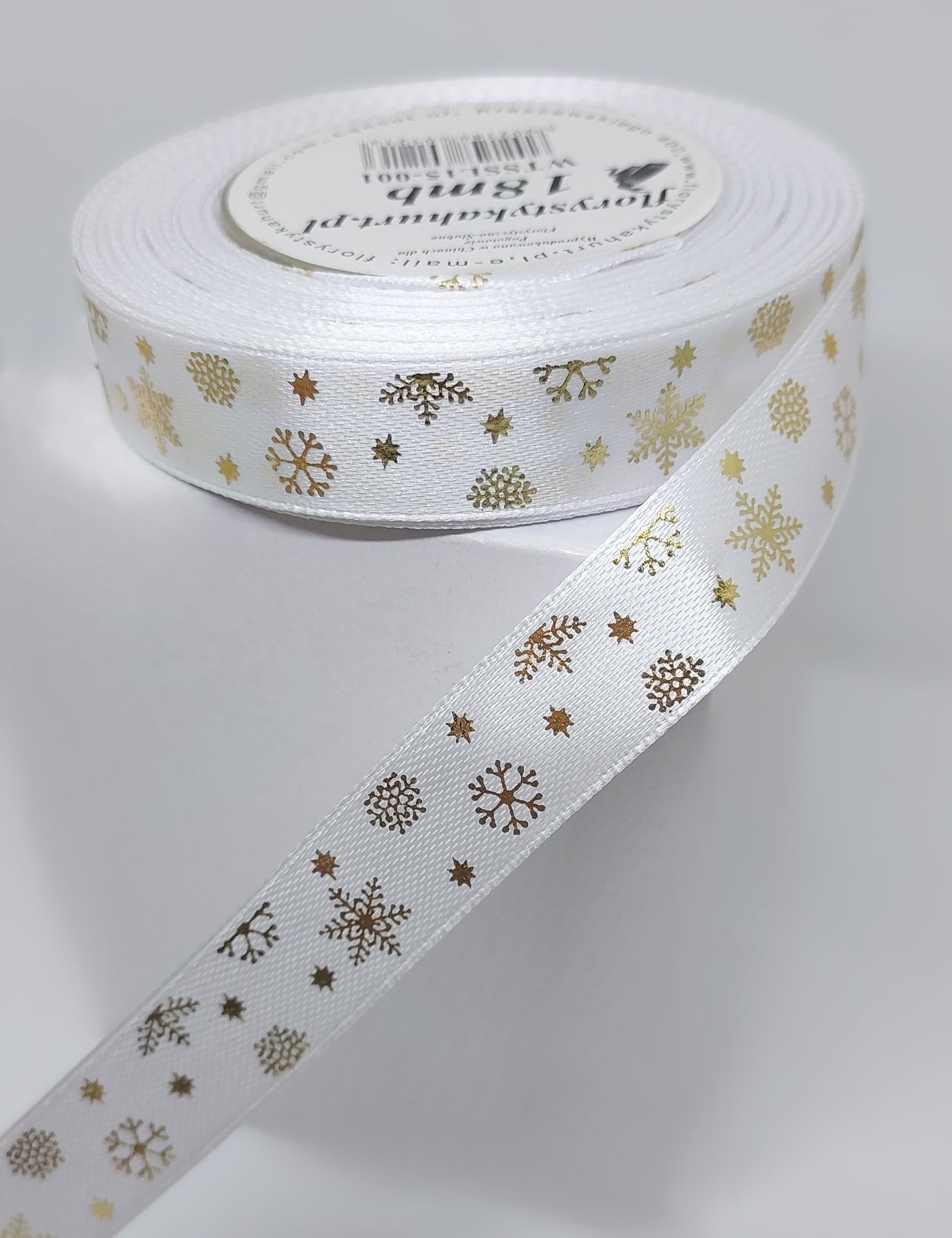 Wstążka metal ŚNIEŻYNKI, 15mm/18mb, biała/złoto