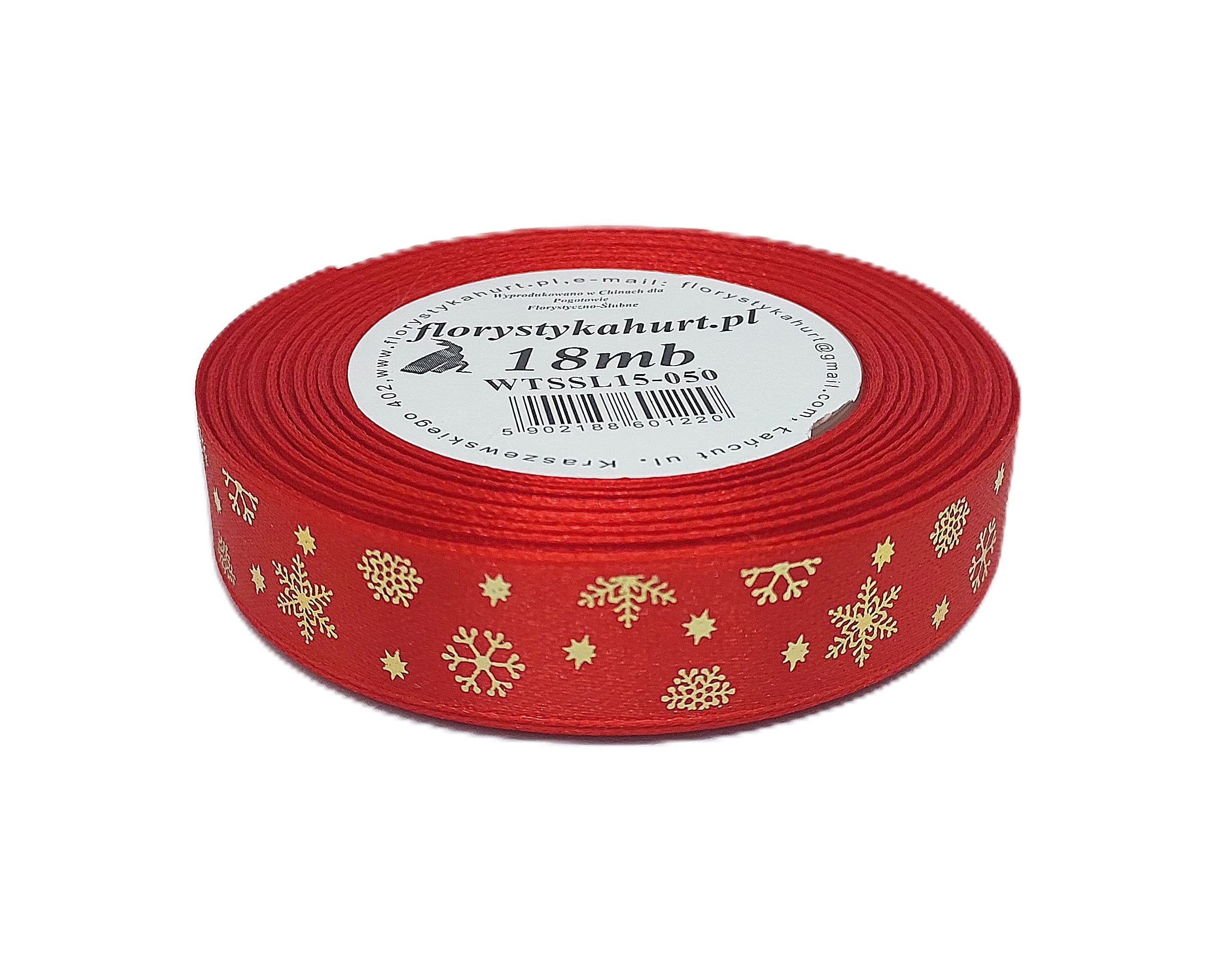 Wstążka metal ŚNIEŻYNKI, 15mm/18mb, czerwona/złoto