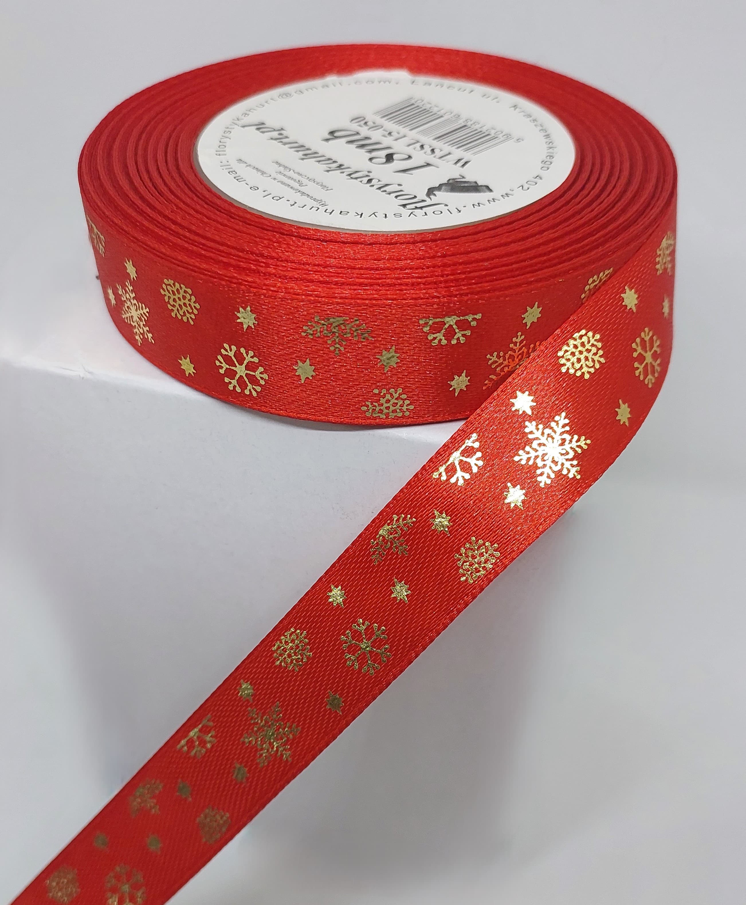 Wstążka metal ŚNIEŻYNKI, 15mm/18mb, czerwona/złoto