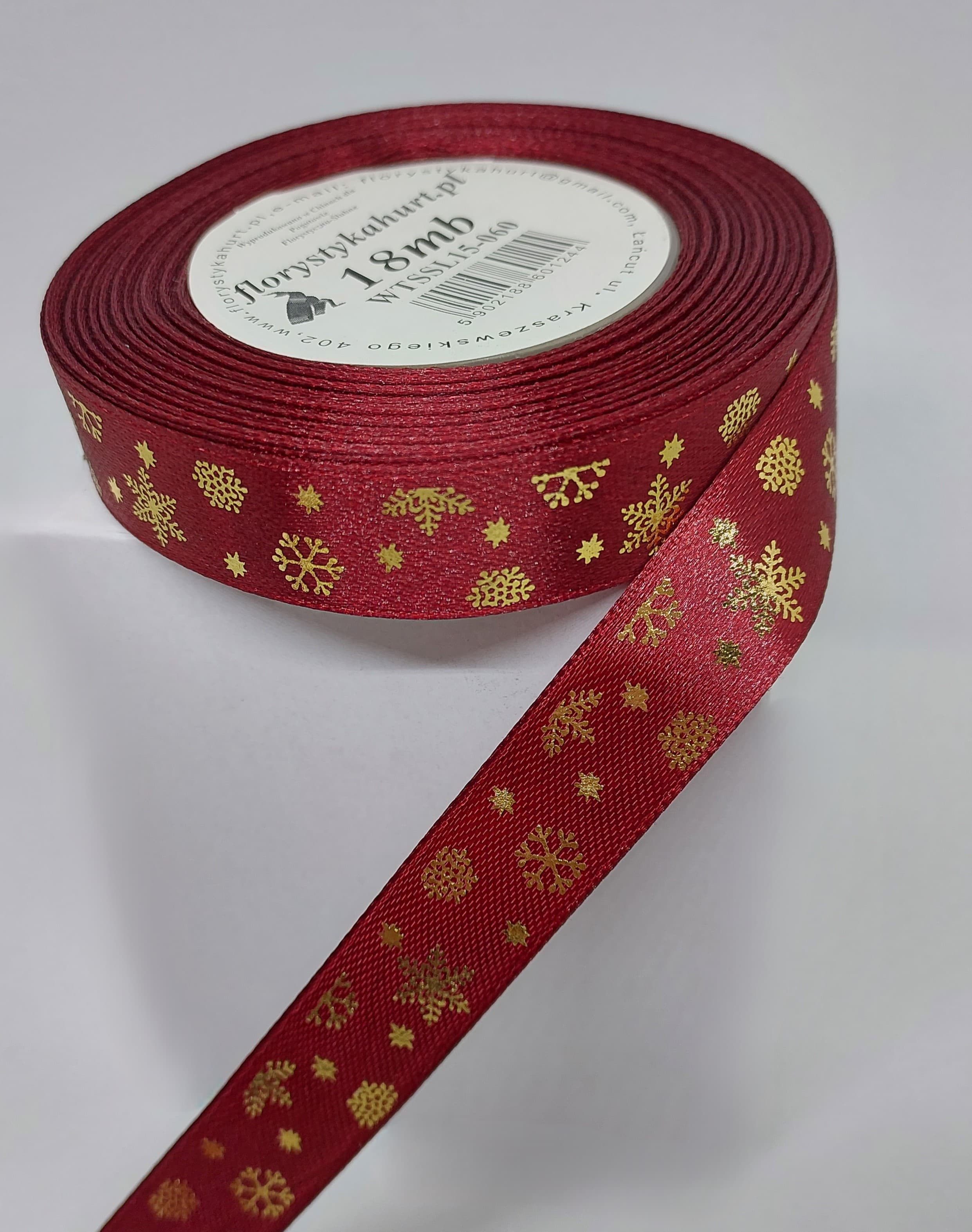 Wstążka metal ŚNIEŻYNKI, 15mm/18mb, bordo/złoto