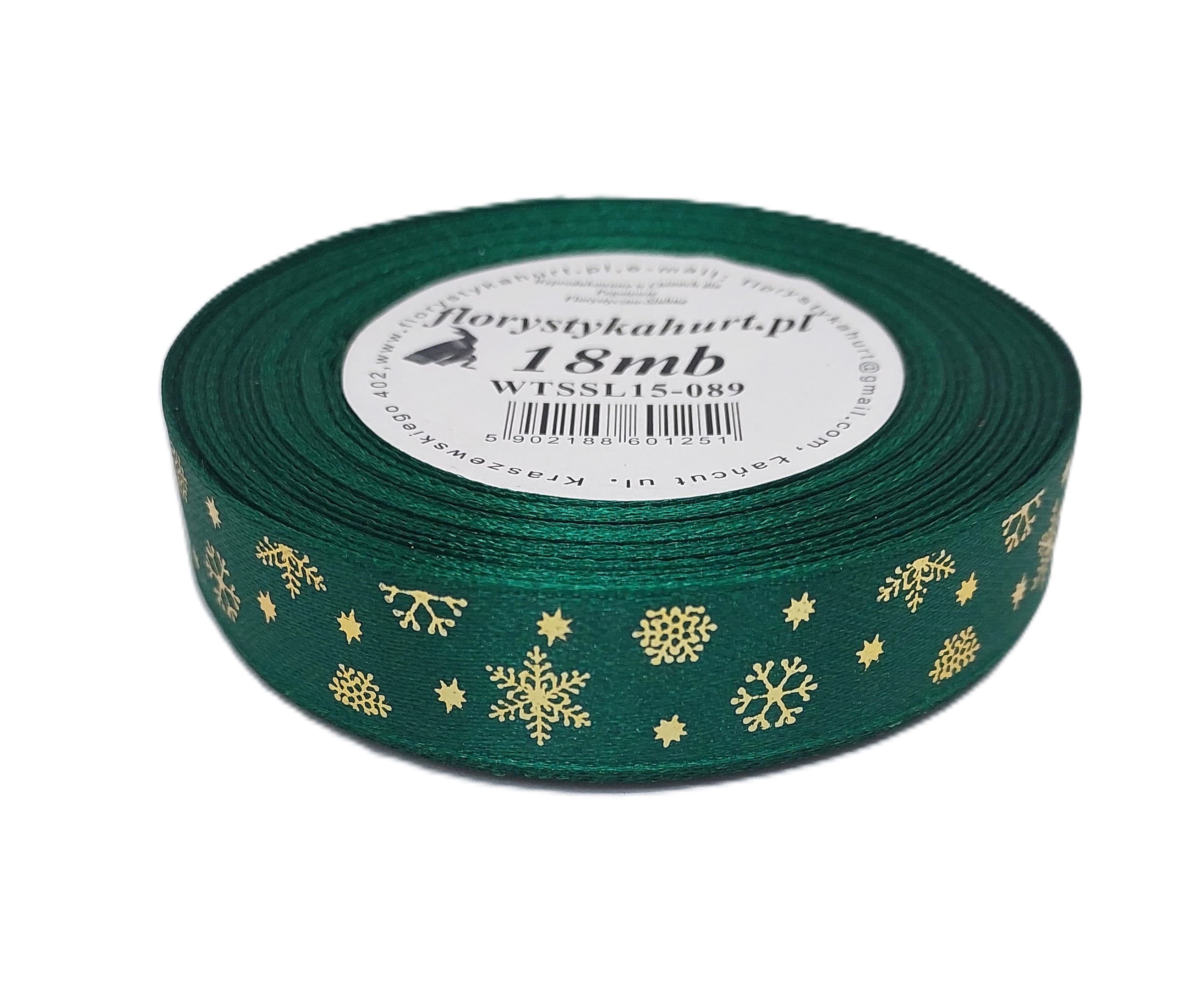 Wstążka metal ŚNIEŻYNKI, 15mm/18mb, butelka/złoto