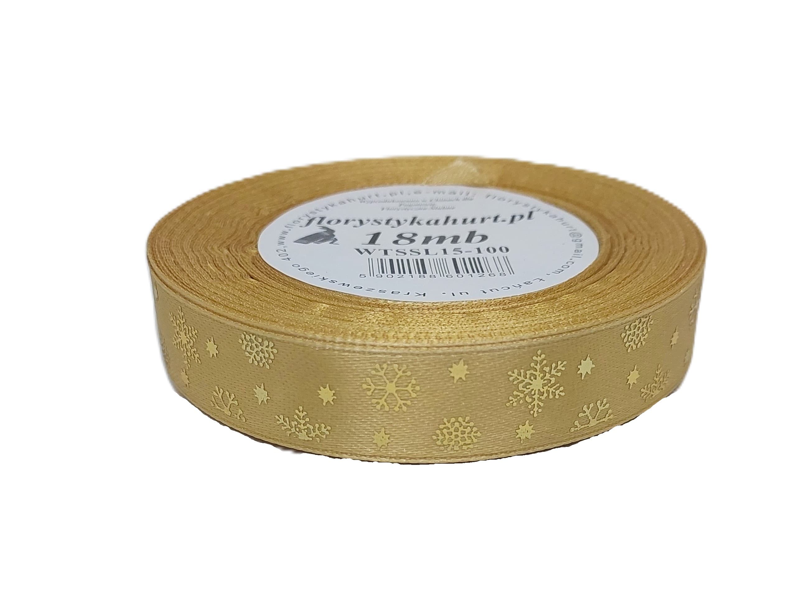 Wstążka metal ŚNIEŻYNKI, 15mm/18mb, złoto/złoto