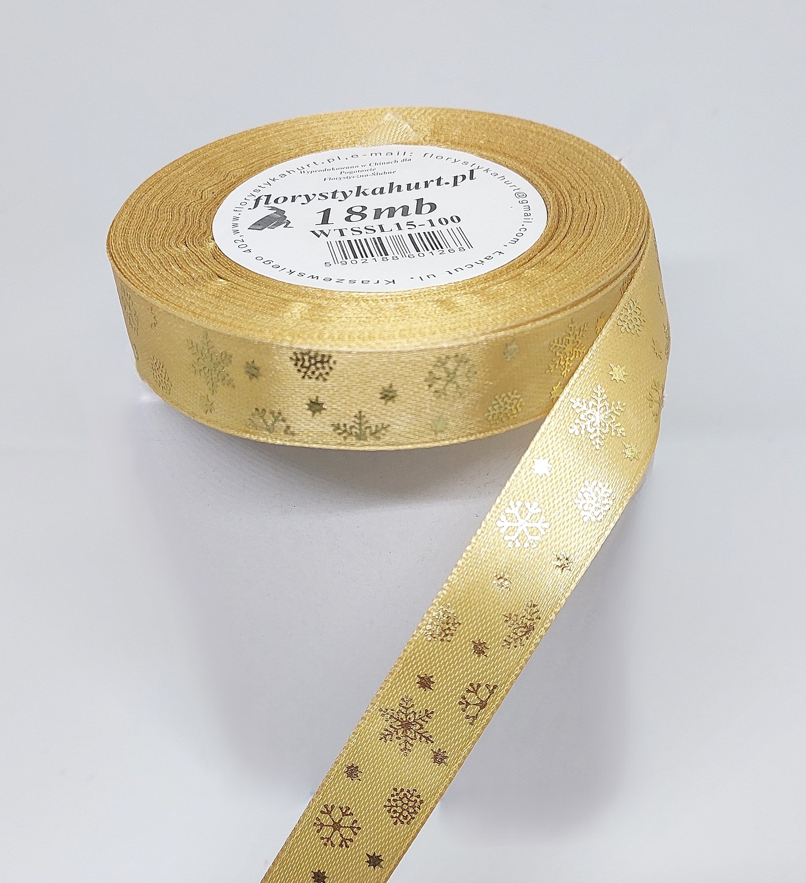 Wstążka metal ŚNIEŻYNKI, 15mm/18mb, złoto/złoto