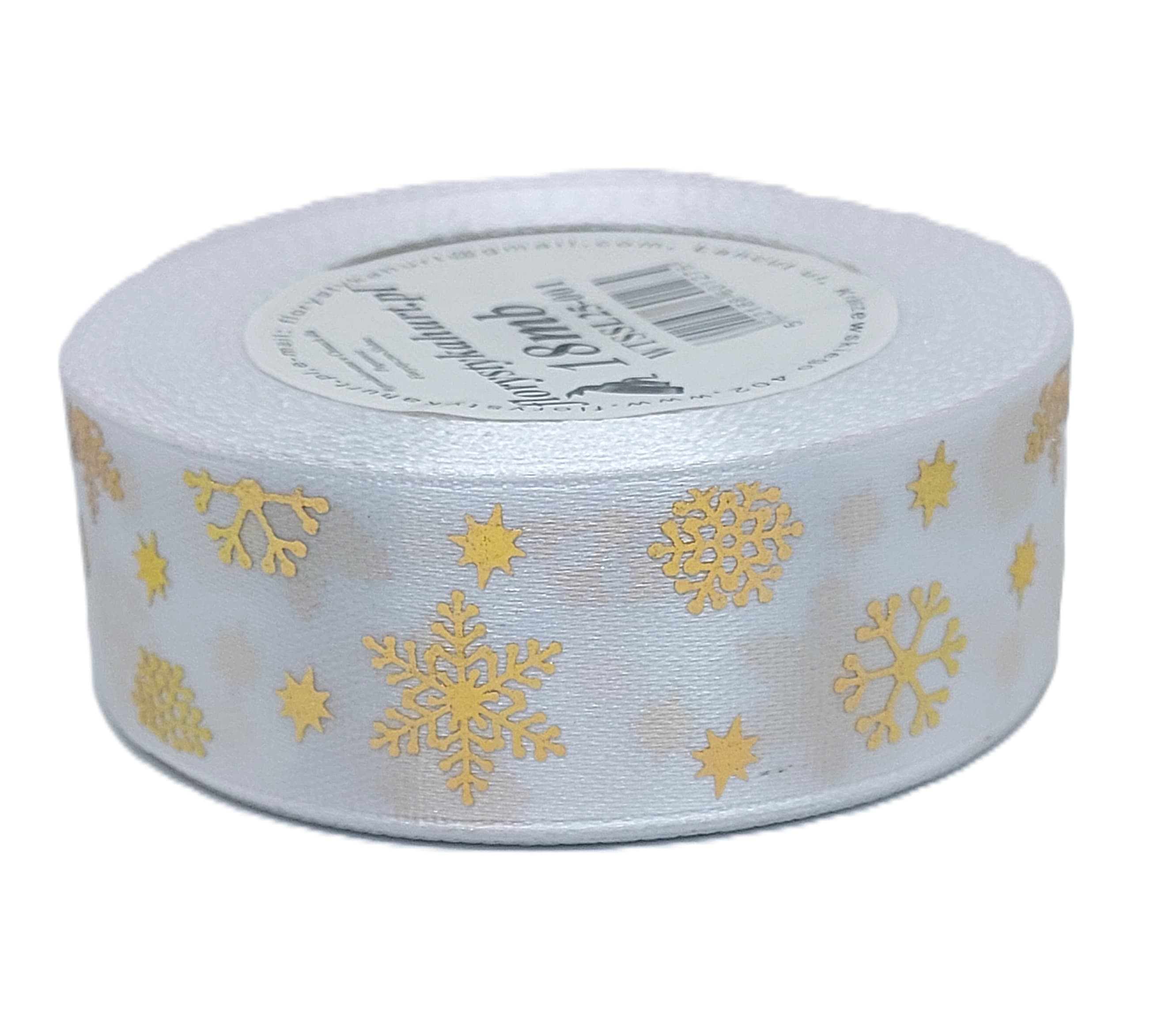 Wstążka metal ŚNIEŻYNKI, 25mm/18mb, biała/złoto