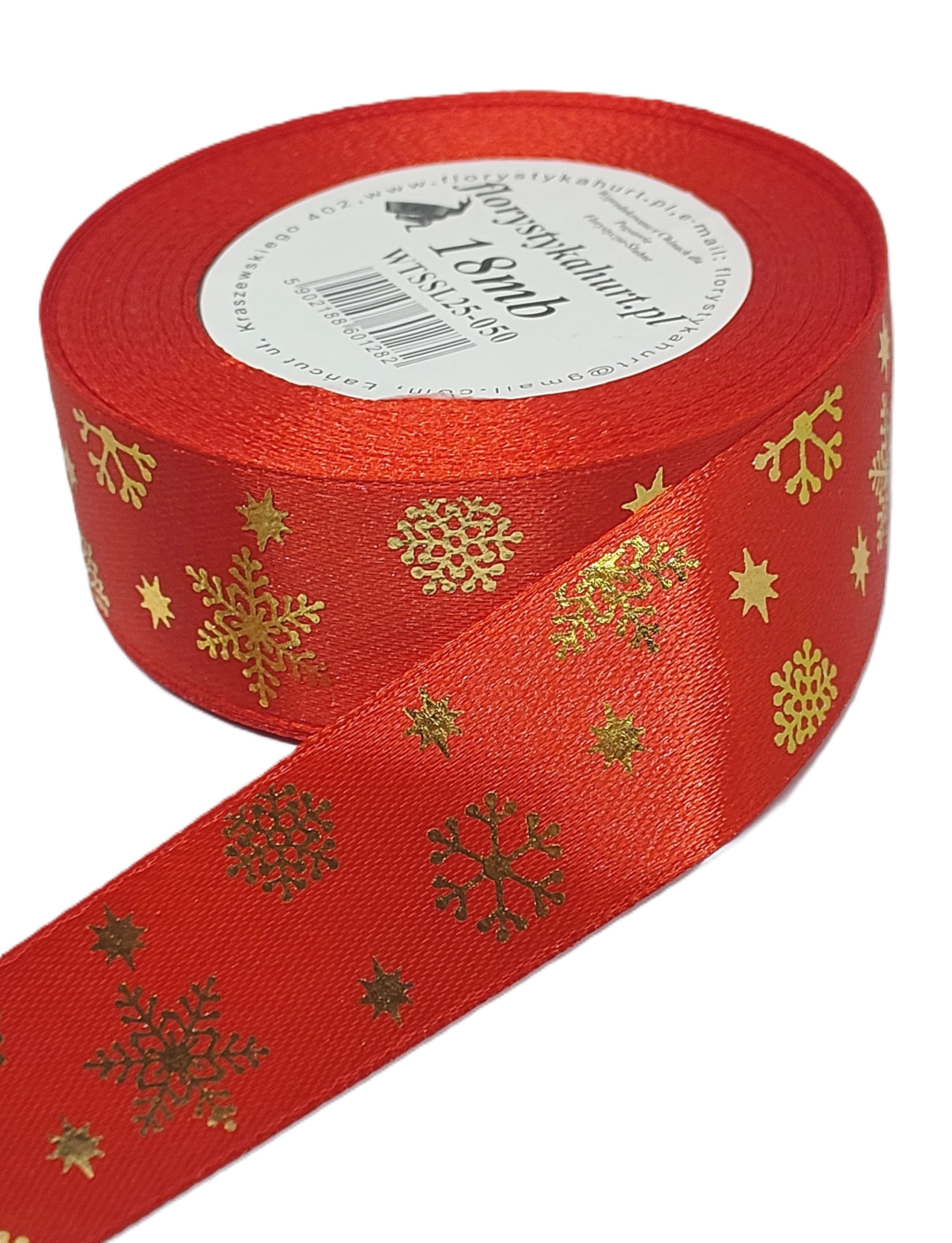Wstążka metal ŚNIEŻYNKI, 25mm/18mb, czerwona/złoto