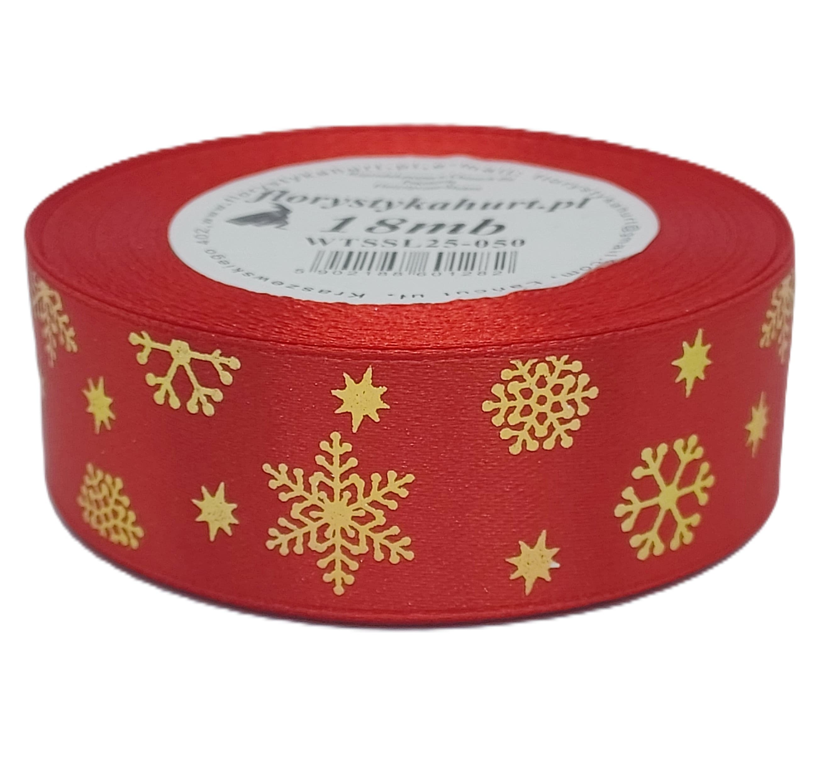 Wstążka metal ŚNIEŻYNKI, 25mm/18mb, czerwona/złoto