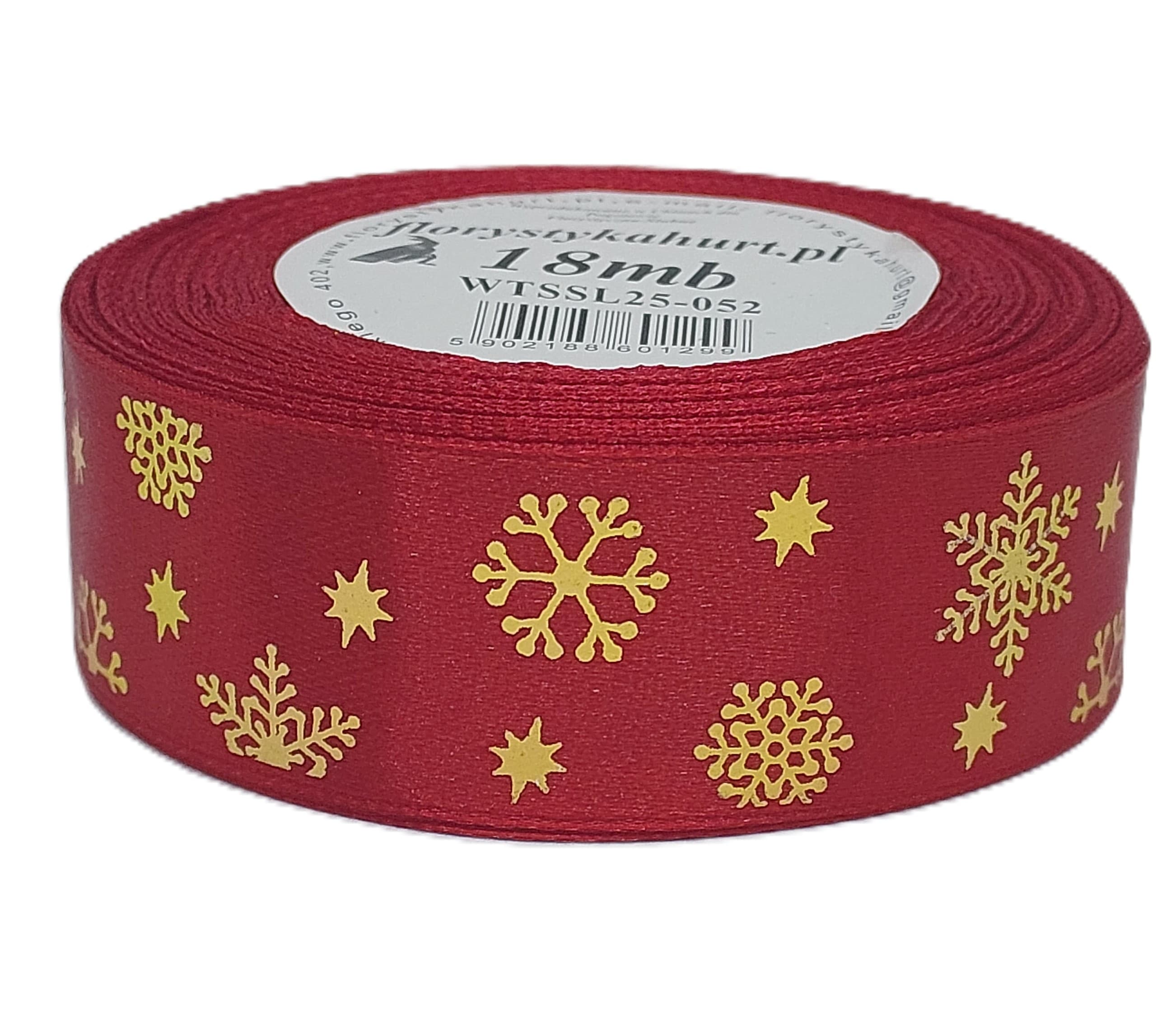 Wstążka metal ŚNIEŻYNKI, 25mm/18mb, c.czerwo/złoto