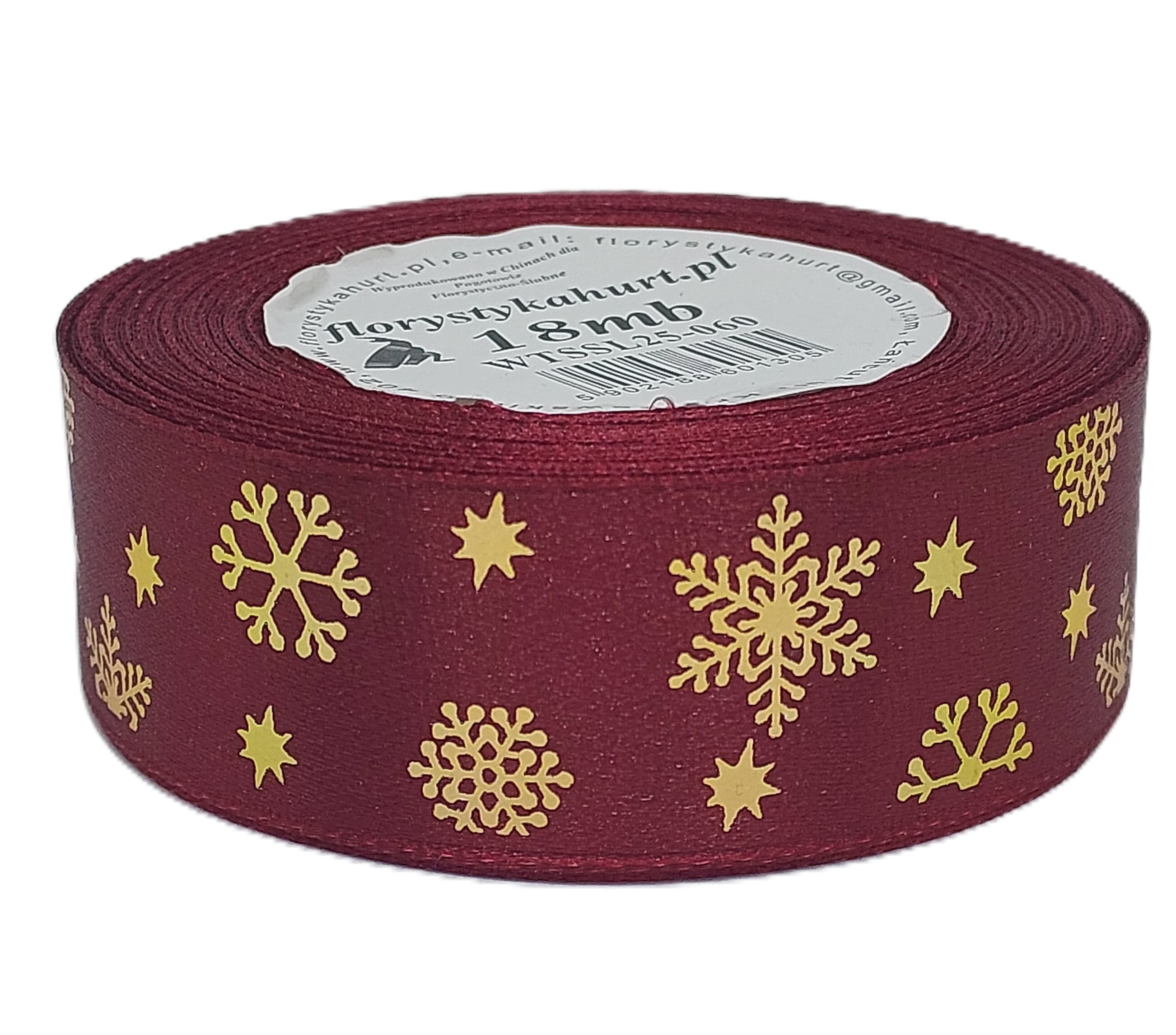 Wstążka metal ŚNIEŻYNKI, 25mm/18mb, bordo/złoto