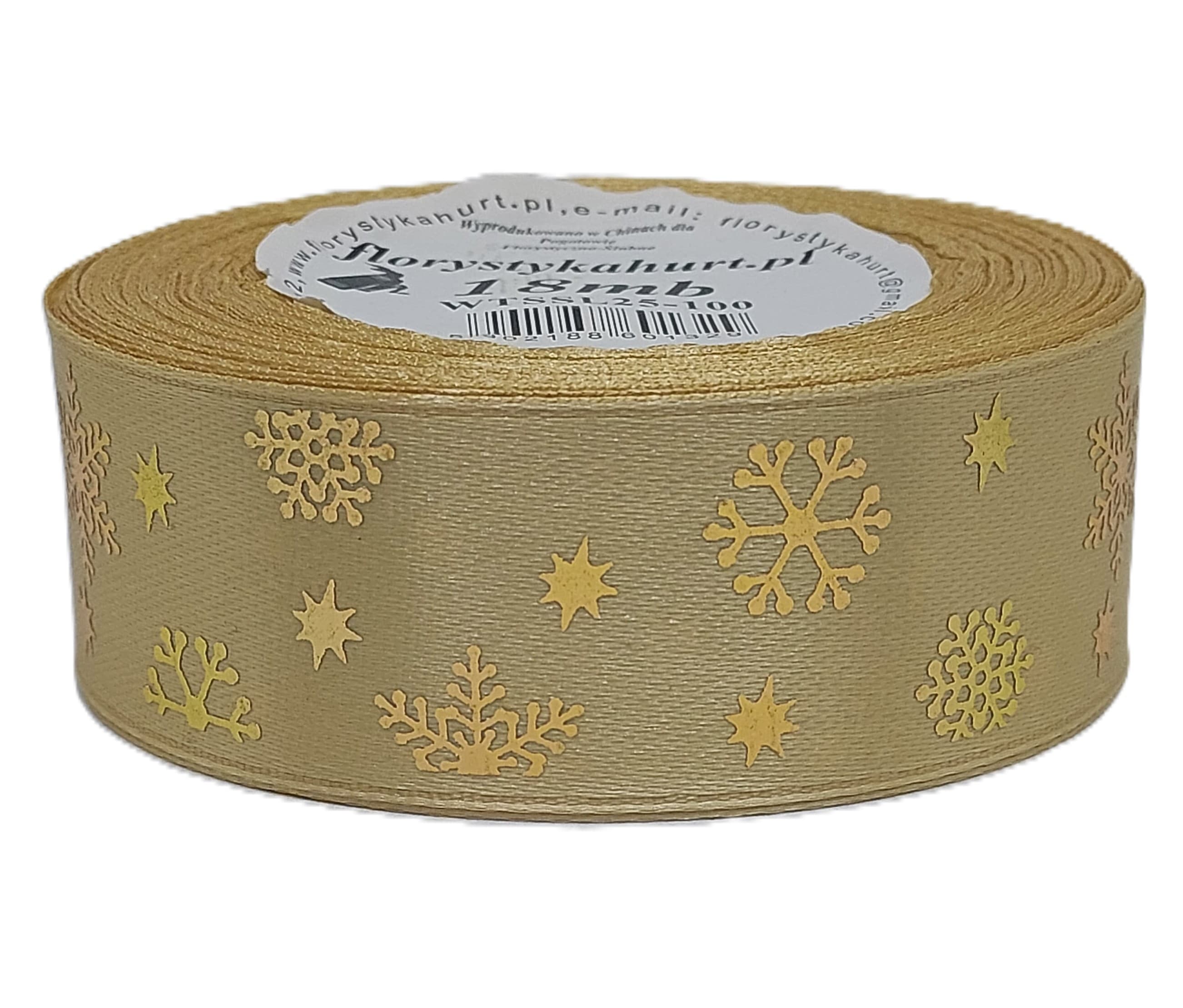 Wstążka metal ŚNIEŻYNKI, 25mm/18mb, złoto/złoto