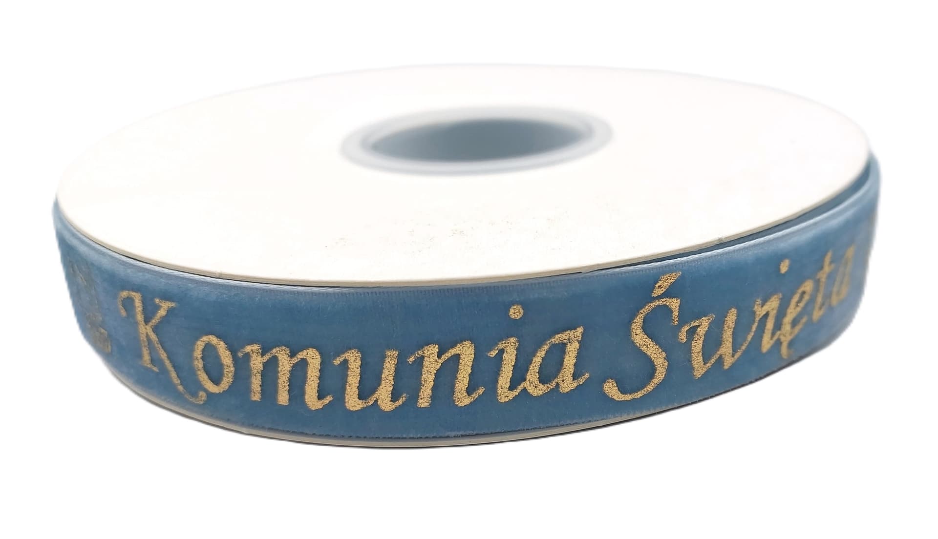 Wstążka velvetowa Komunia Święta, 19mm/9mb, błękit