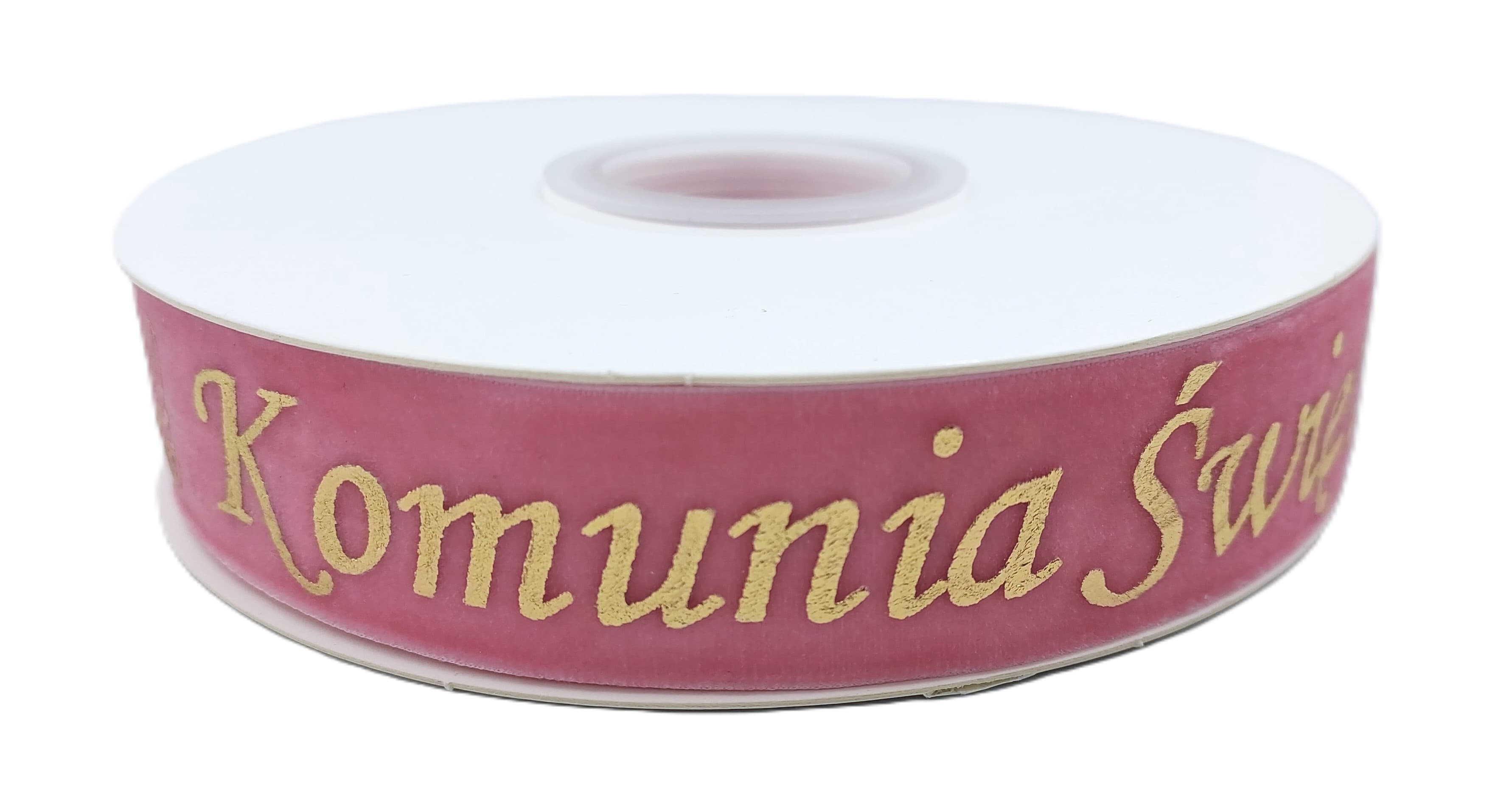 Wstążka velvetowa Komunia Święta, 25mm/9mb, różowa