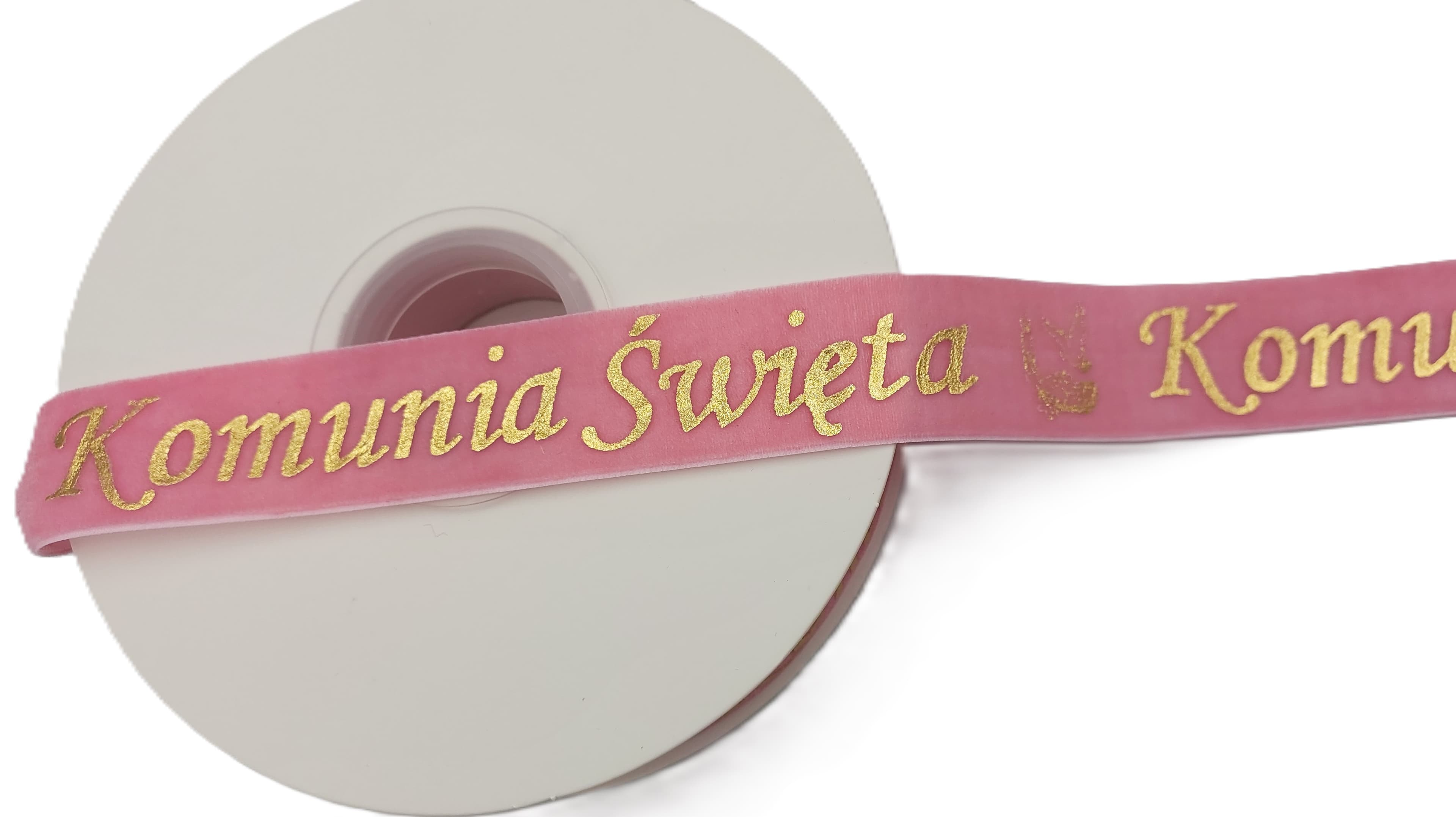 Wstążka velvetowa Komunia Święta, 25mm/9mb, różowa