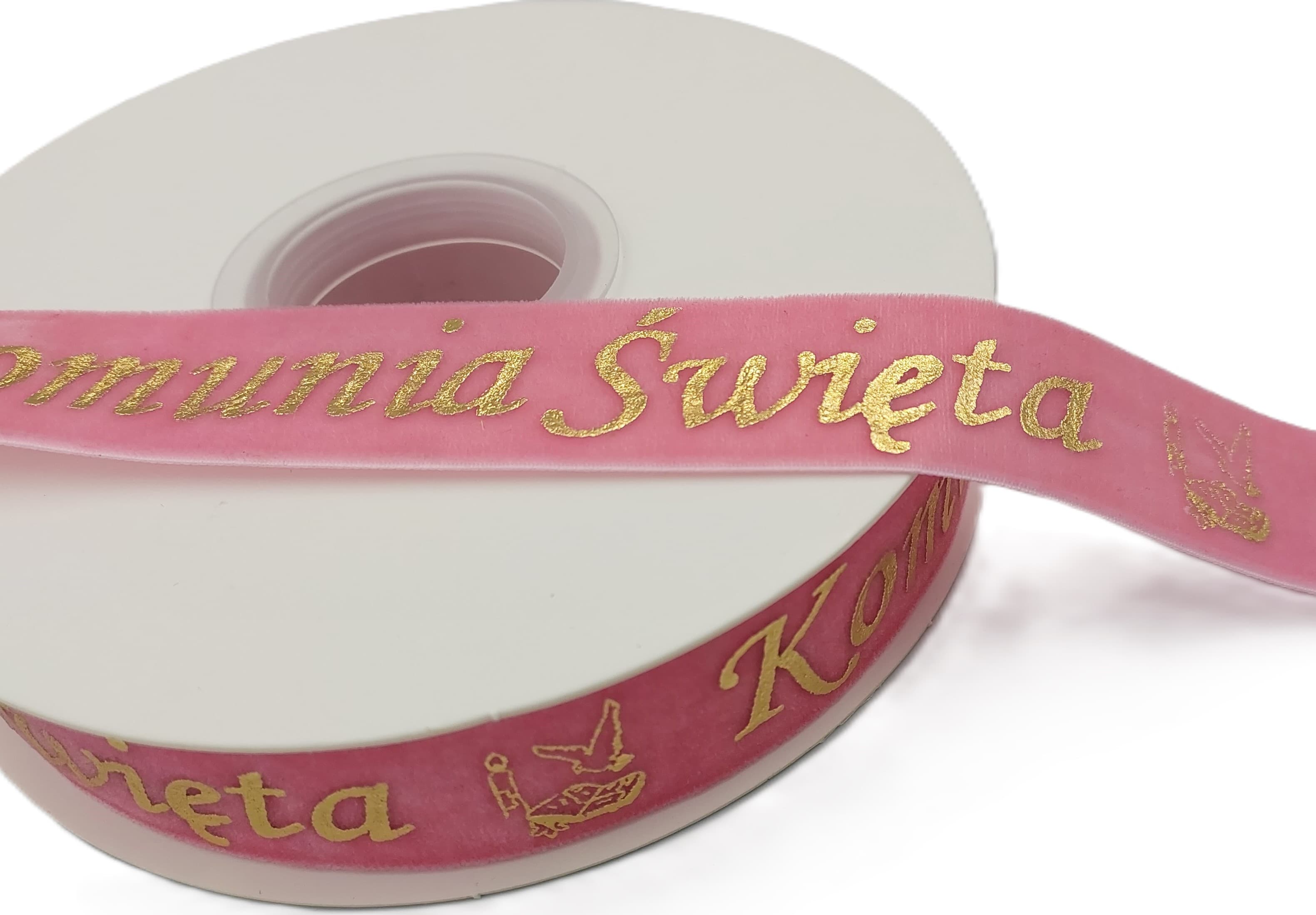 Wstążka velvetowa Komunia Święta, 25mm/9mb, różowa