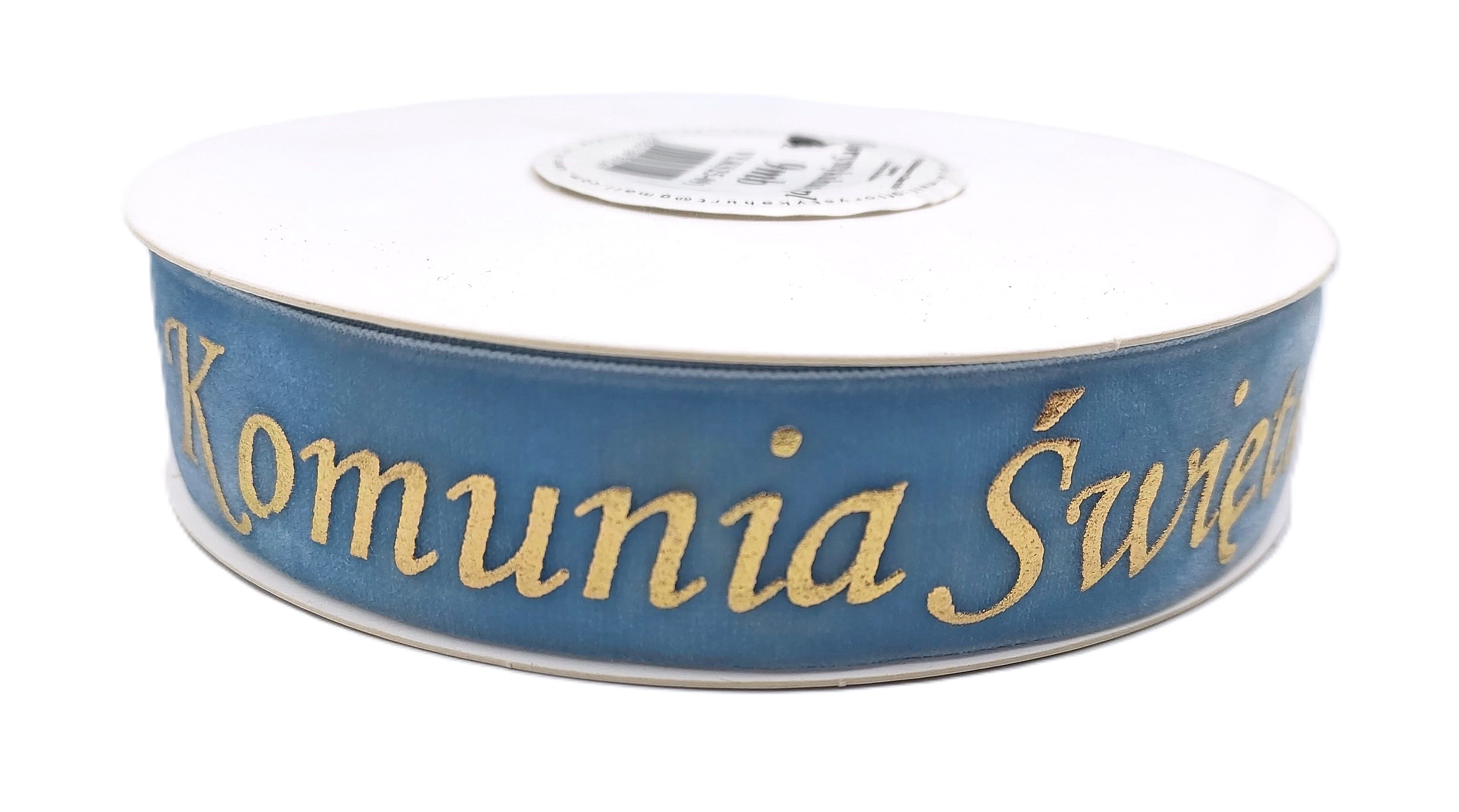 Wstążka velvetowa Komunia Święta, 25mm/9mb, błękit