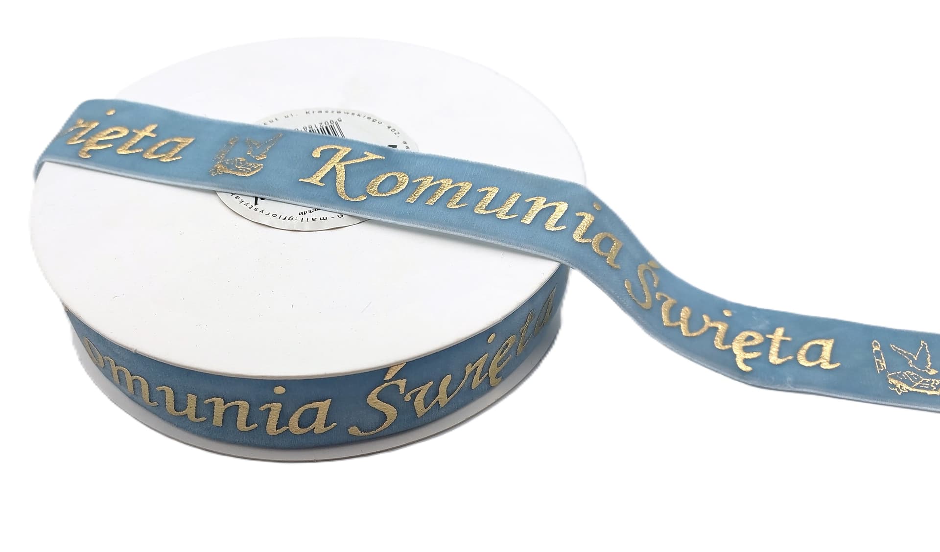 Wstążka velvetowa Komunia Święta, 25mm/9mb, błękit
