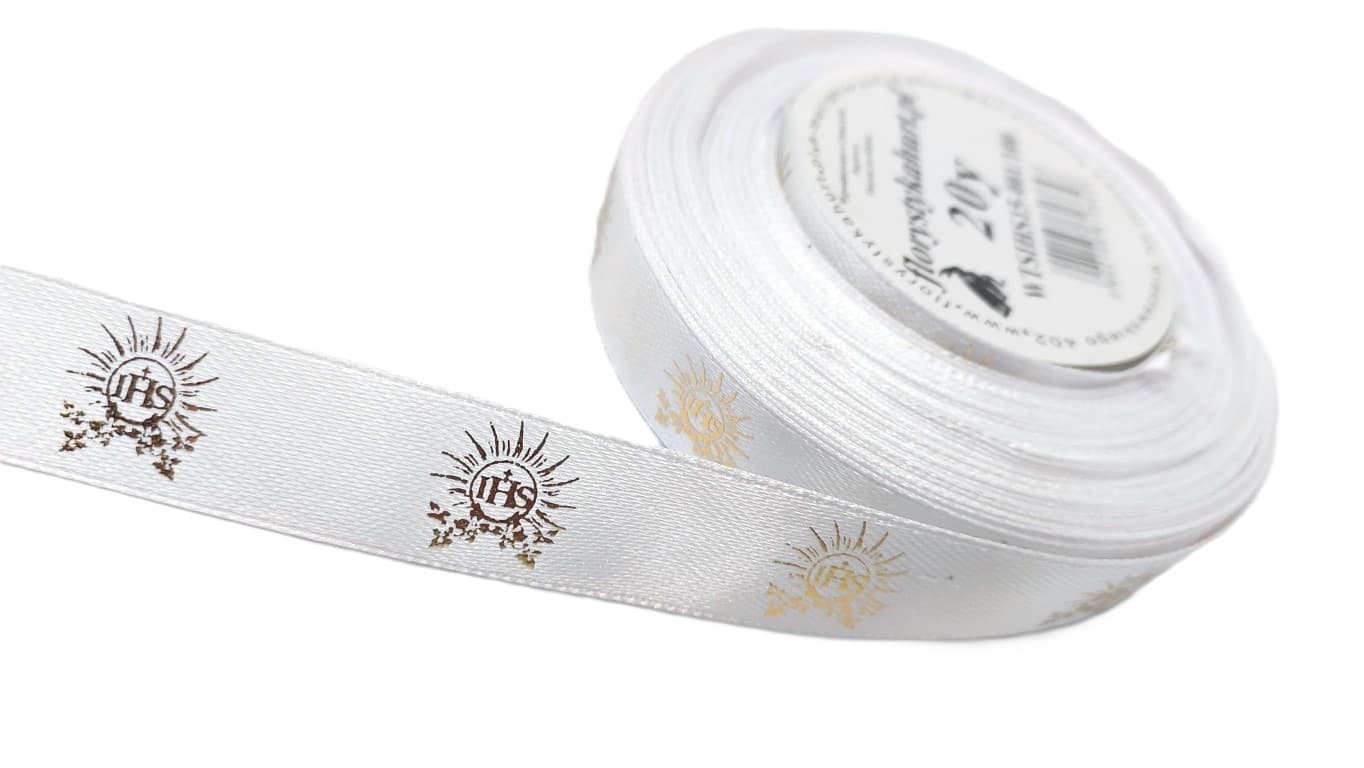 Wstążka satynowa IHS laser, 15mm/18mb biała/złoto