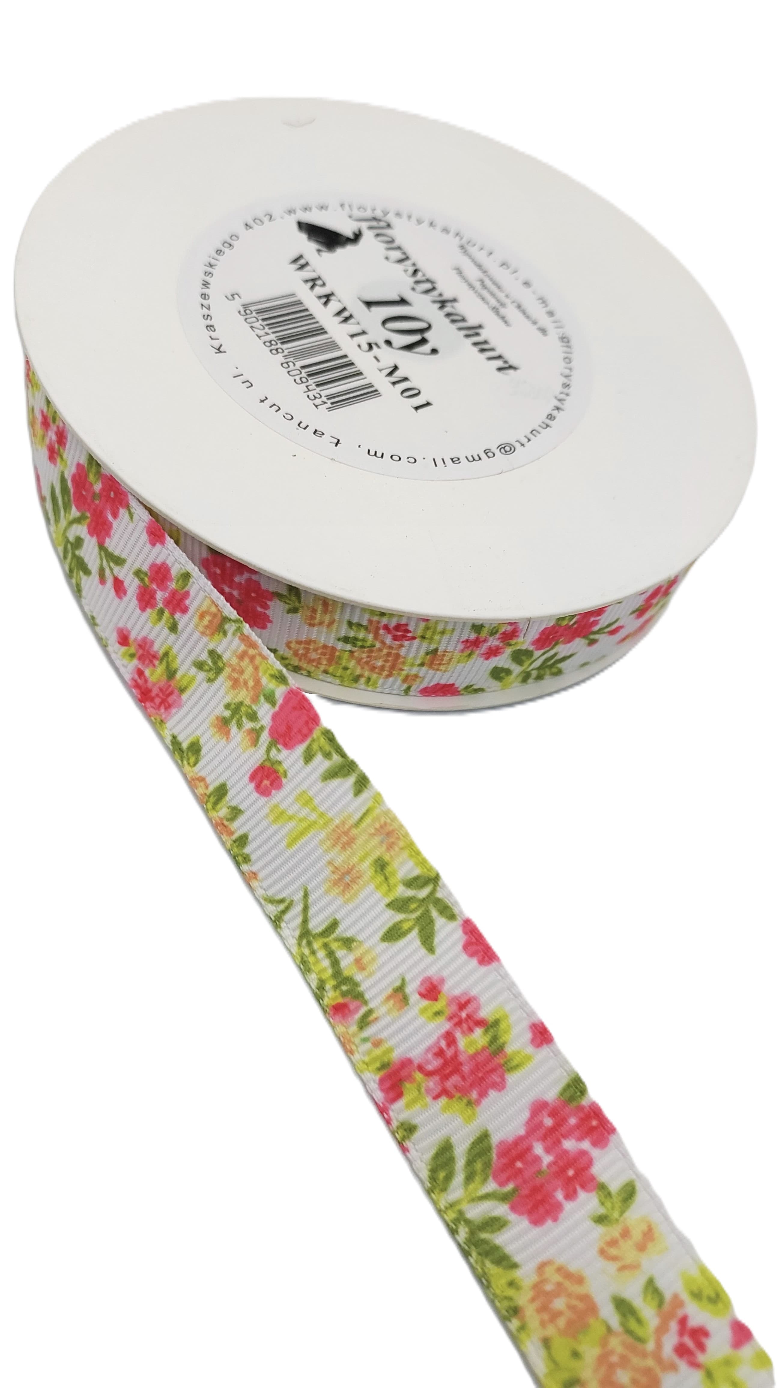 Wstążka rypsowa w kwiatki, 15mm/9,1mb, model 01