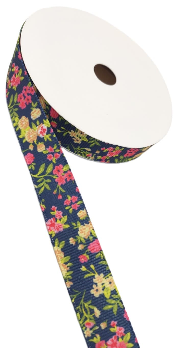Wstążka rypsowa w kwiatki, 15mm/9,1mb, model 07