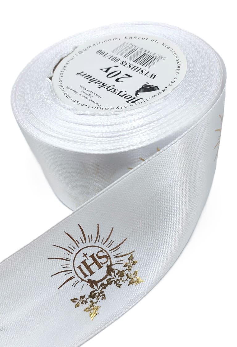 Wstążka satynowa IHS laser, 38mm/18mb biała/złoto