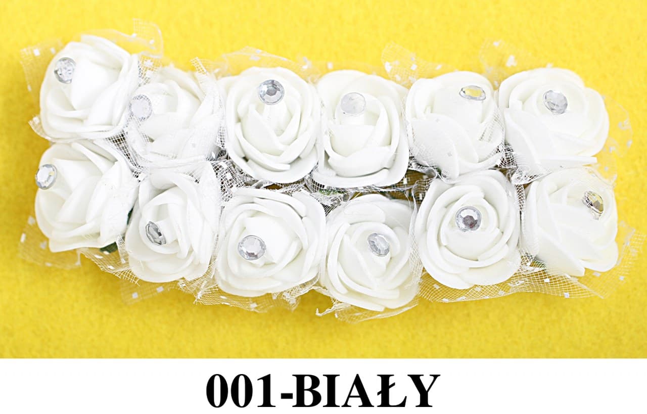 Piankowe kwiaty+diament+tiul, śr2,5cm/12szt, białe
