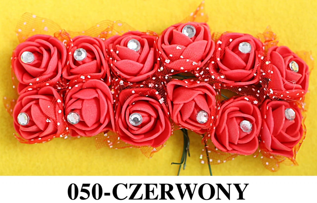 Piankowe kwiaty+diament+tiul 2,5cm/12szt, czerwone