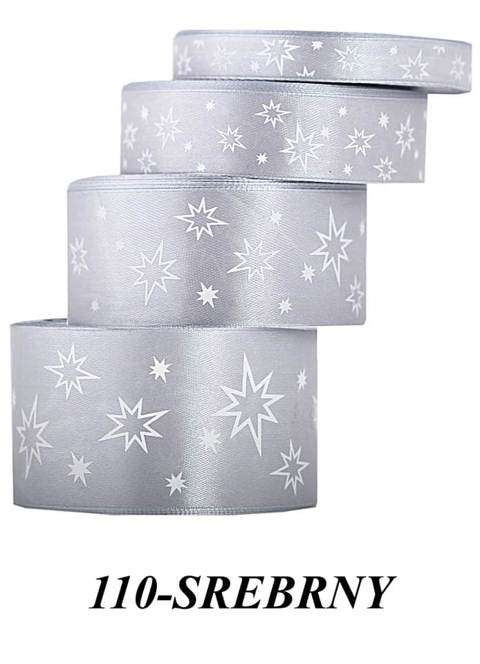 Wstążka satynowa gwiazdki, 12mm/22mb, srebrna
