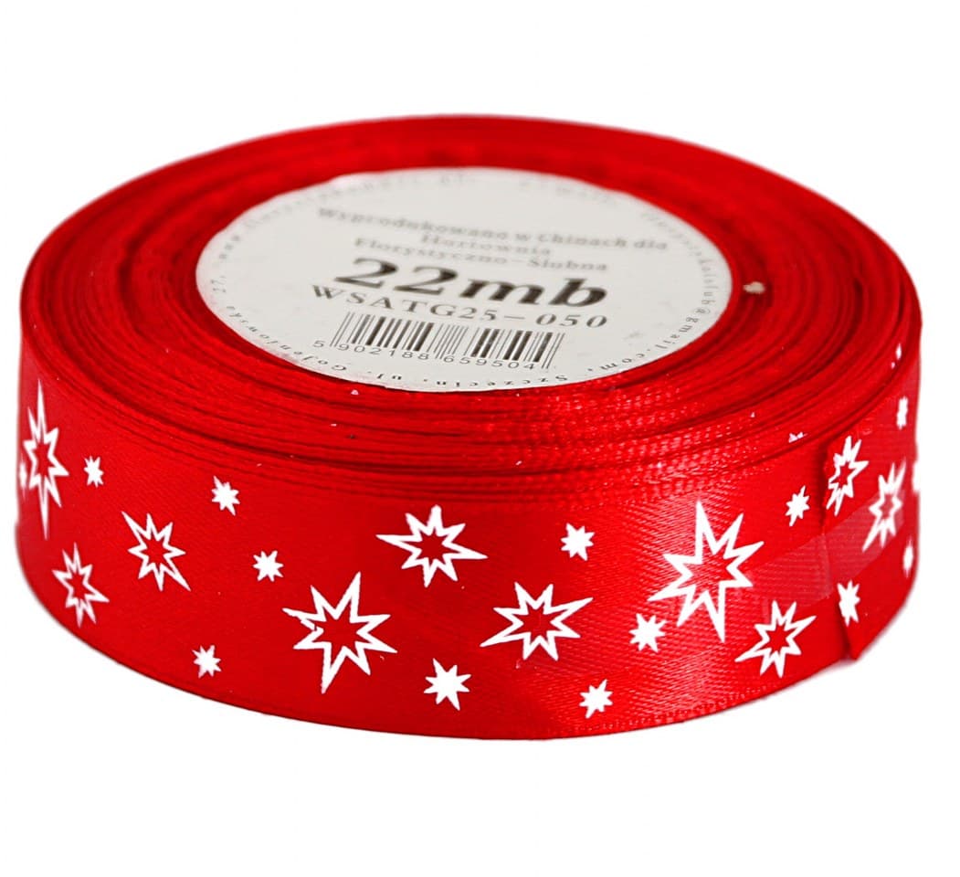 Wstążka satynowa gwiazdki, 25mm/22mb, czerwona 